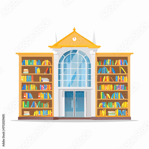 Illustration of a Library with Arched Glass Windows Bookcases and a Golden Roof Against a White Background