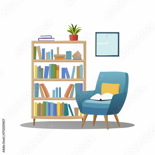 Indoor Living Room Scene with Bookcase Armchair Clock and Plant in Warm Tones on White Background for Comfortable Home Interior Design