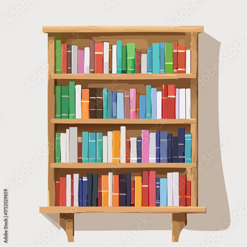 Illustration of a Wooden Bookshelf Filled with Colorful Books on White Background