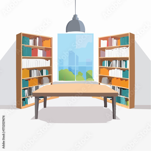 Illustration of Empty Wooden Table in Study Room with Bookshelves and Cityscape View Through the Window in Bright Daylight