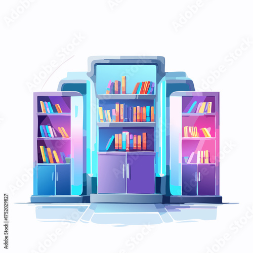 Modern Purple Bookshelves with Assorted Books on Display on White Background