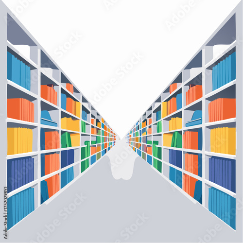 Perspective View of Colorful Bookshelves in White Library Interior
