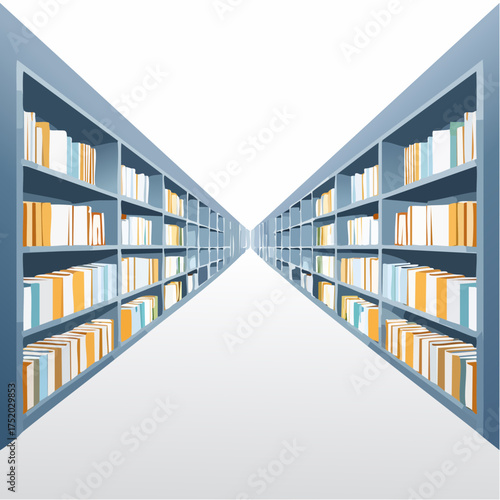 Perspective View of Blue Bookshelves with Books Against White Background