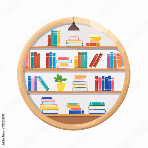 Round Bookshelf with Colorful Book Stacks and Potted Plant Against White Background