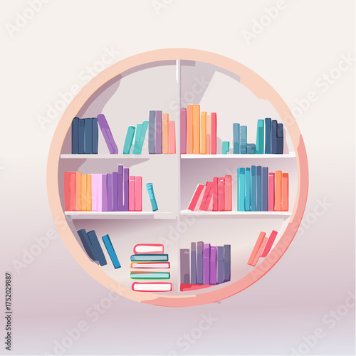 Round Bookshelf Illustration with Colorful Books on White Shelves Against a Pale Gradient Background in Soft Lighting for Educational and Decorative Purposes