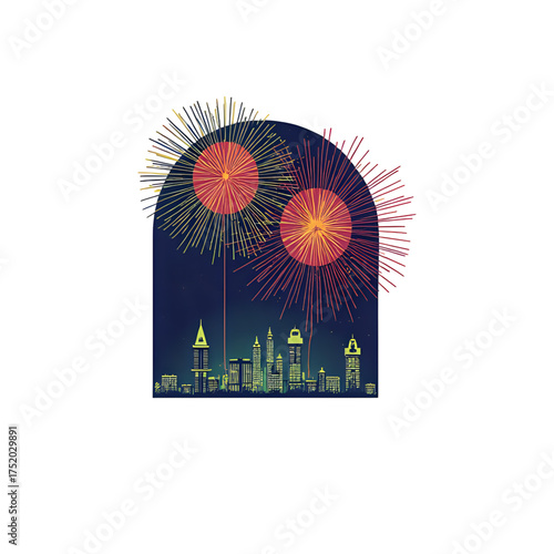 A graphic illustration of a grand finale fireworks show over an illuminated cityscape, capturing the magic of a festive holiday night