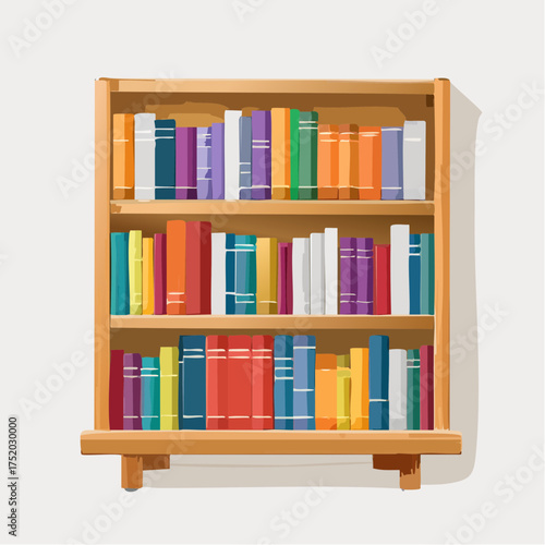Wooden Bookcase with Colorful Books in Order on Shelves Against a White Background for Library Decor and Home Interior