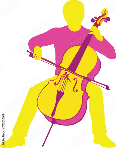 Stylized silhouette of cellist playing vibrant yellow-pink cello, seated music performance, artistic rhythm concept, expressive bowing pose, colorful instrumental scene
