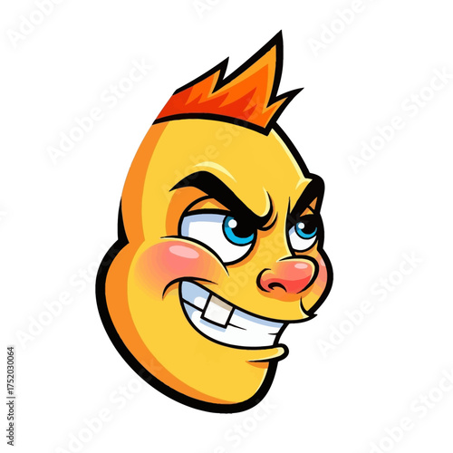 Cartoon character with mohawk and mischievous grin.