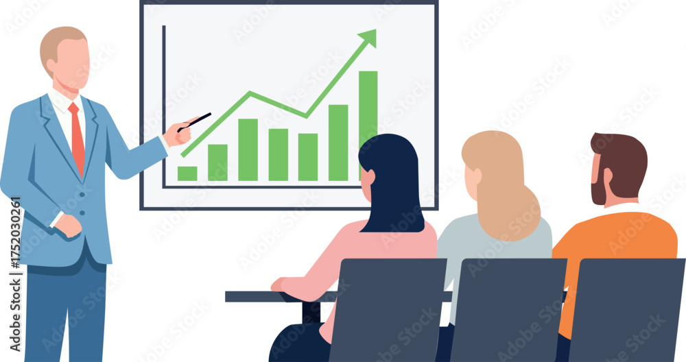 Fototapeta premium Flat vector illustration of a businessman giving a presentation to colleagues, showing a growing bar chart with an upward arrow. Concept of business success, profit growth, financial report, and teamw