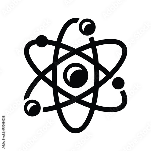 Black atom symbol with orbiting electrons on white background atomic science