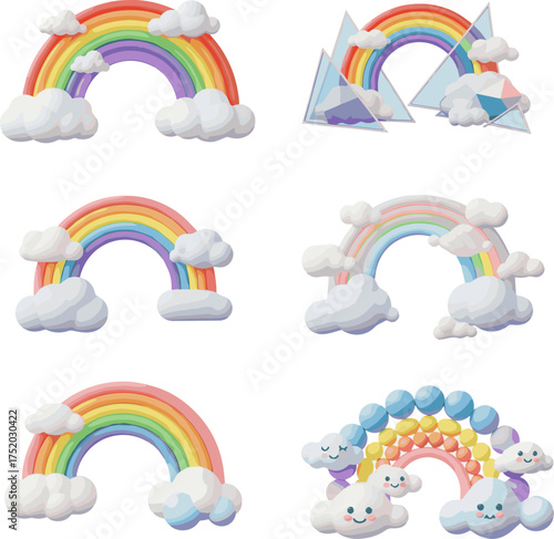 Create a kinds of deferent 3d rendering of rainbow with cloud vector art with white background.