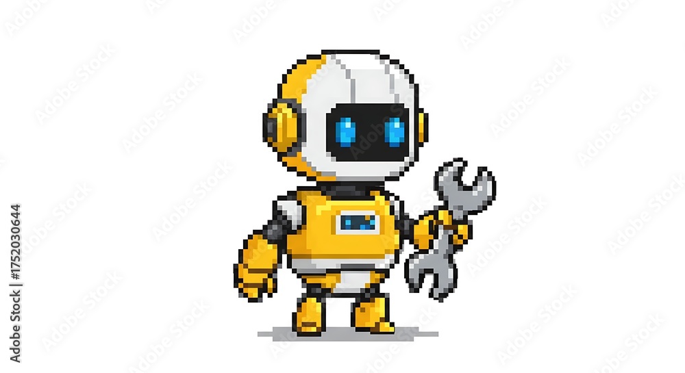 Fototapeta premium A pixel art illustration of a cute little robot with a body and head, holding a silver wrench in its hand. The robot has blue eyes on a white background.