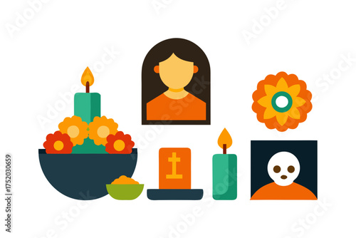 Day of the Dead Altar Icons, Candles, Marigolds, Food Offering, and Family Photo Vector Collection isolated on white background