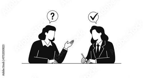 Consultation concept of question and answer. Business problem solving. Job interview or client meeting. Psychology help. FAQ support service. Two women talking at a desk.