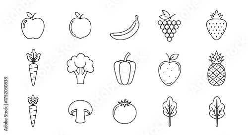 Set of minimalist fruit and vegetable line icons. Vector collection of healthy organic food symbols for grocery, farm market, vegan and vegetarian menu design. Simple outline style.