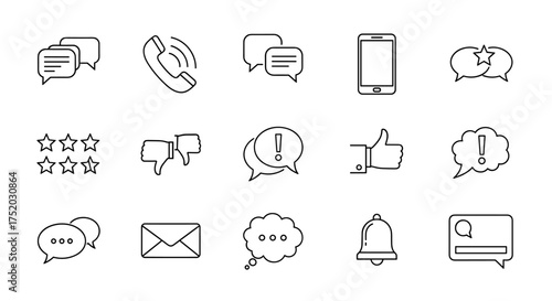 Feedback and review line icon set. Communication, customer support, chat, and notification vector symbols. Social media like, dislike, and message thin icons for web and UI.