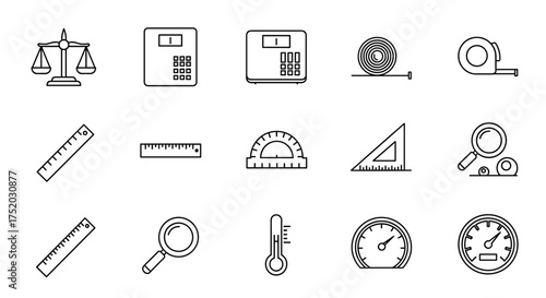 Measuring instruments vector line icon set. Symbols of measurement tools for science and precision. Includes ruler, scale, tape measure, thermometer, gauge, protractor, magnifier.