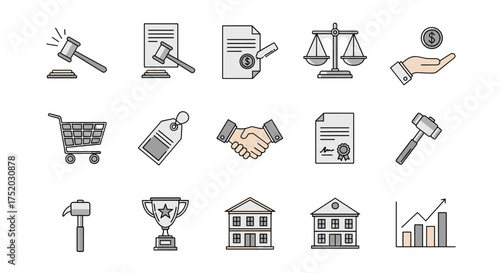 Law, auction and business icon collection. Legal justice, financial contract, commerce, real estate, and success concepts. Outline vector illustration symbol set for web.