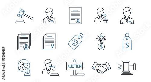 Auction and law icon set. Legal bidding, court judge gavel, and business contract icons. Finance deal, sale agreement, and investment concepts. Vector line art pictogram collection.