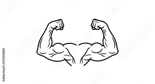 Strong arms flex bicep muscle. Bodybuilding fitness gym icon. Workout power symbol. Man bodybuilder exercise. Muscular human part illustration. Strength training concept.