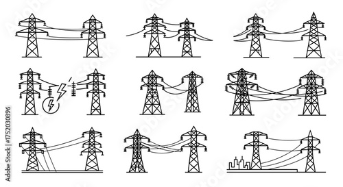 Set of high voltage power line towers. Collection of electricity pylon silhouettes. Electric transmission grid, energy distribution industry, and electrical infrastructure vector icons.