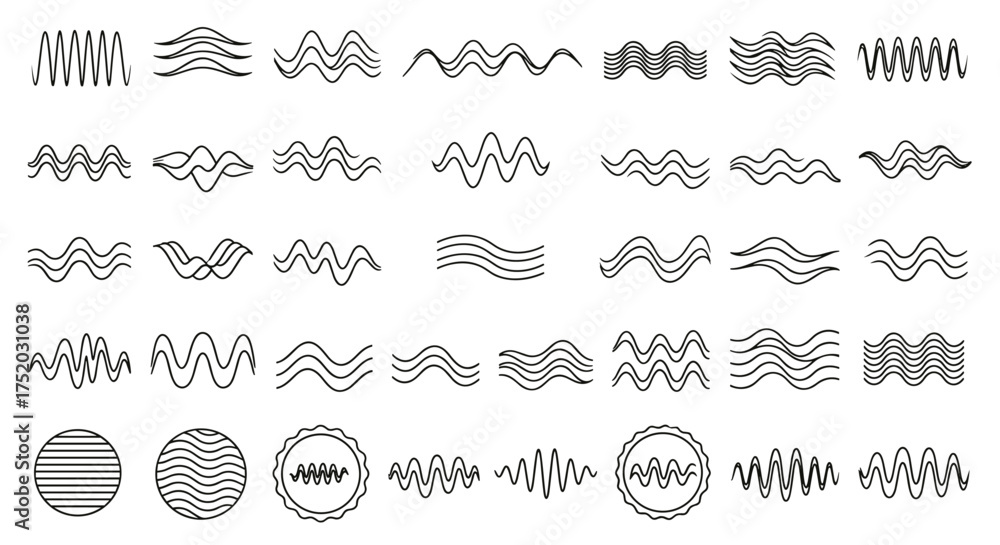 Fototapeta premium Wave line icon set. Collection of water, sea, soundwave and vibration symbols. Abstract wavy lines for logo, divider or pattern. Audio frequency and equalizer graph elements.