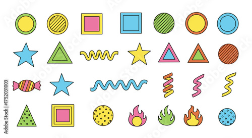 Set of colorful retro abstract shapes. Collection of 80s 90s graphic design elements. Memphis style icons. Pop art simple figures, star, fire, candy for trendy pattern.