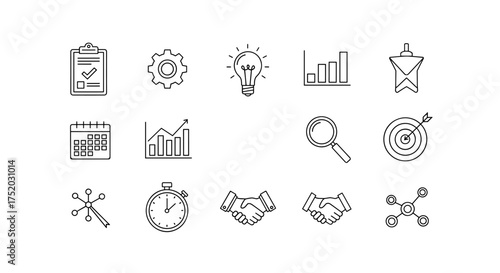 Business line icons set for project management, strategy, startup success. Vector symbols for marketing analytics, planning, research, partnership, development and finance growth.