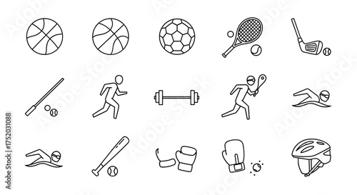 Big sport icon set collection. Line art vector icons of basketball, football, tennis, golf, swimming, running, baseball, boxing, gym fitness. Activity and equipment symbols.