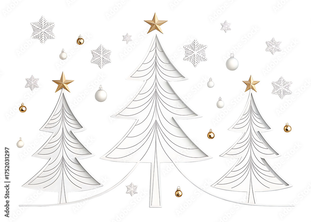 Fototapeta premium Christmas trees with golden stars and snowflakes on white background 