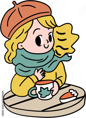 Girl at coffee and breakfast in the windy day