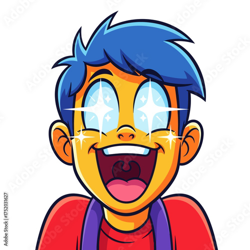 Excited Cartoon Boy with Sparkling Eyes and Wide Smile.