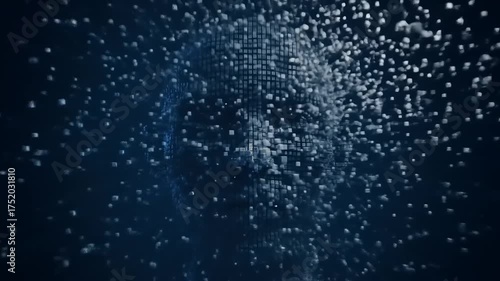 Abstract representation of a human face emerging from a digital background of floating particles