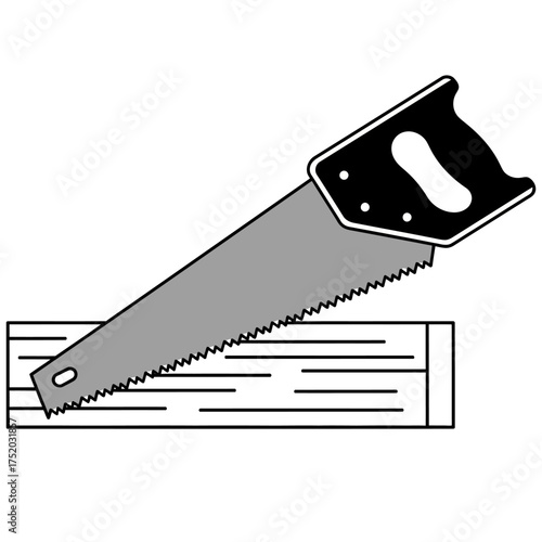 Hand Saw Cutting Through Wood Plank.