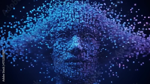 Abstract representation of a human face formed by digital particles, symbolizing technology and identity
