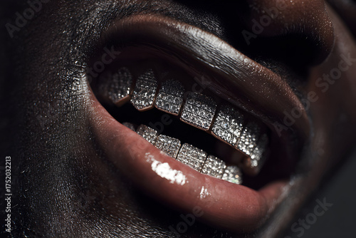 Close-up of a black man’s smiling mouth wearing diamond-encrusted grillz with dramatic lighting