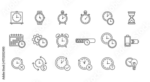 Time management vector line icon set. Clock, watch, timer, stopwatch, hourglass, calendar, battery charge, productivity, deadline, schedule, efficiency, idea concept symbols.