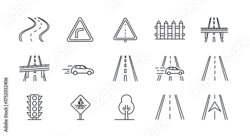 Road transport and traffic line icons set. Vector collection of highway, street signs, car, bridge, pedestrian crossing, traffic light, fence, and navigation arrow symbols.