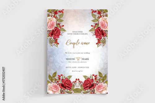 WEDDING INVITATION FRAME WITH FLOWER DECORATIONS AND FRESH LEAVES