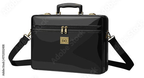Elegant black leather briefcase with gold metal clasps and handle, professional business bag with detachable shoulder strap, office accessory for documents and laptop, executive carry case