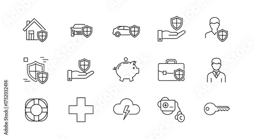 Insurance line icon set. Car, house, health, life, business protection concepts. Vector outline symbols for security, safety, risk management, savings, guarantee and support.