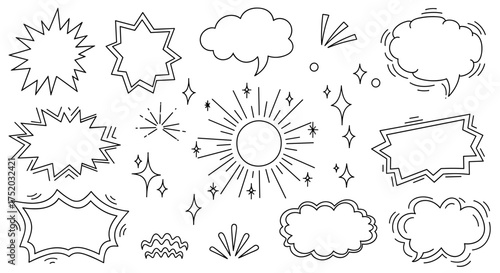Vector collection of hand drawn comic elements. Doodle speech bubbles, thought clouds, explosion bursts, pop art emphasis shapes, sunburst, and sparkles. Line art design set.