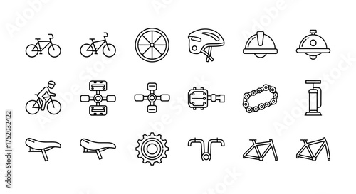 Bicycle parts and cycling accessories line icon set. Vector collection of bike components like frame, wheel, saddle, pedal, chain, gear, helmet, bell, and pump for sport.