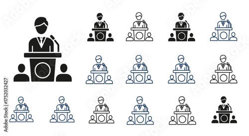 Public speaking icon set. Speaker, presenter at a podium with microphone giving a speech to an audience. Conference, lecture, seminar, debate & political rally concept vector.