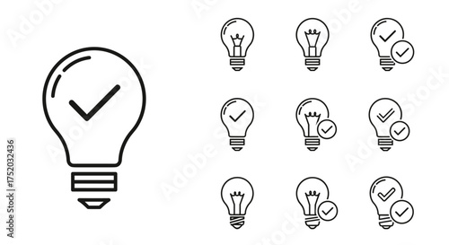Light bulb with check mark icon set. Vector line icons for concepts like good idea, innovation, approved solution, creativity, success, validation, and confirmed thinking.