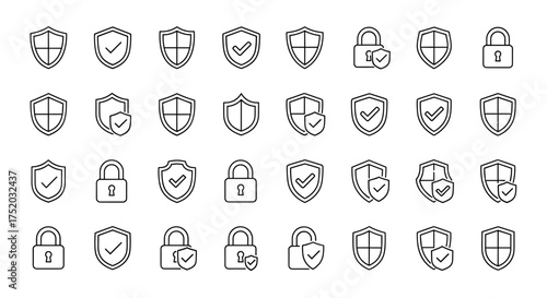 Security and protection line icon set. Vector symbols of shield, lock, and checkmark. Concepts for cybersecurity, privacy, data safety, antivirus, guard and verification.