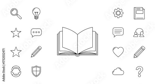 Vector icon set for learning, knowledge, and communication. Includes open book, search, idea, support, rating, settings, and security. Thin line icons for website, UI, business, and education.