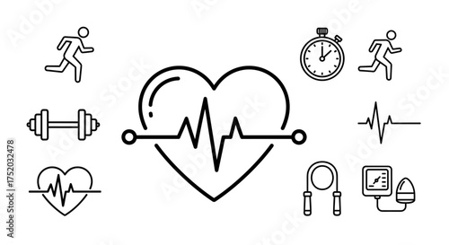 Cardio workout and health monitoring icon set. Vector line icons of heartbeat, running, dumbbell, stopwatch, and blood pressure monitor for fitness and medical concepts.