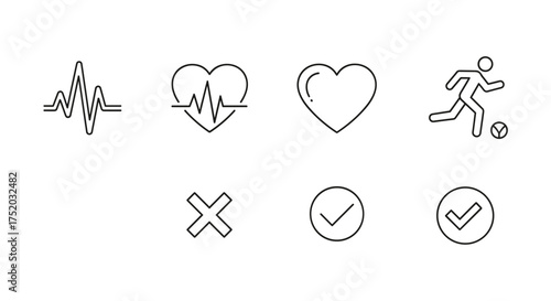 Minimalist vector outline icons set health heartbeat, ECG monitor, cardio, heart rate, running person, active lifestyle, fitness, check mark, cross, approval, rejection, line art style